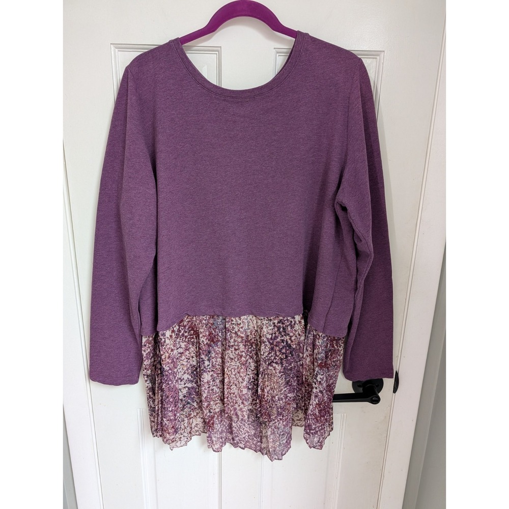 LOGO Lounge Lori Goldstein French Terry Top Poplin Ruffle Hem Size XL
